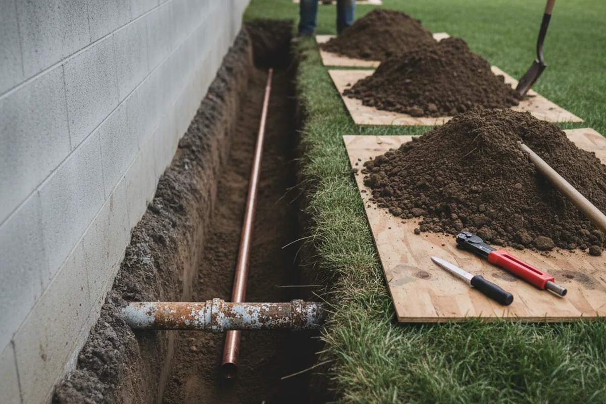 Excavated water line trench during Water Heater Repair in Lindenhurst
